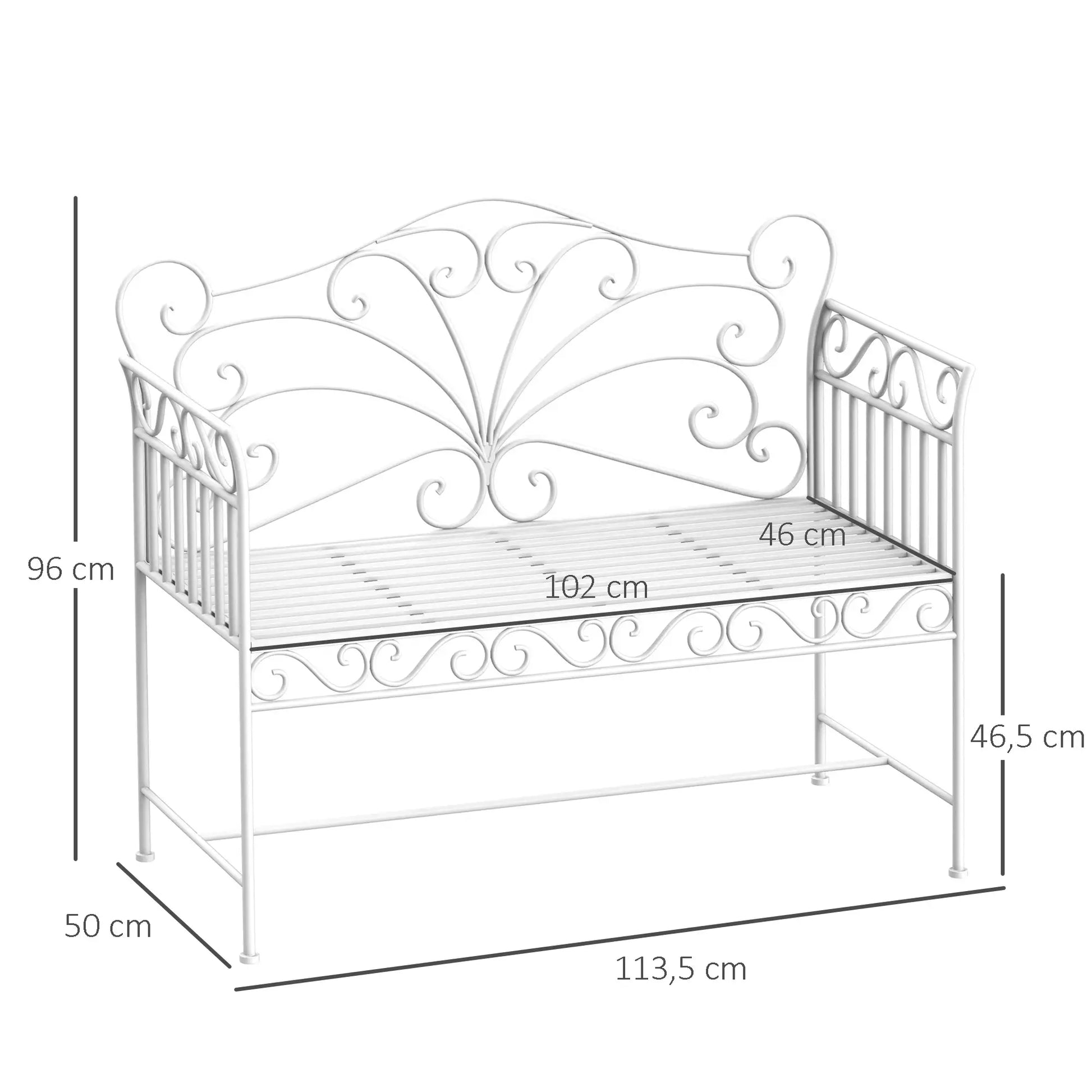 Wrought iron bench with dimensions labeled