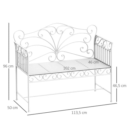 Wrought iron bench with dimensions labeled