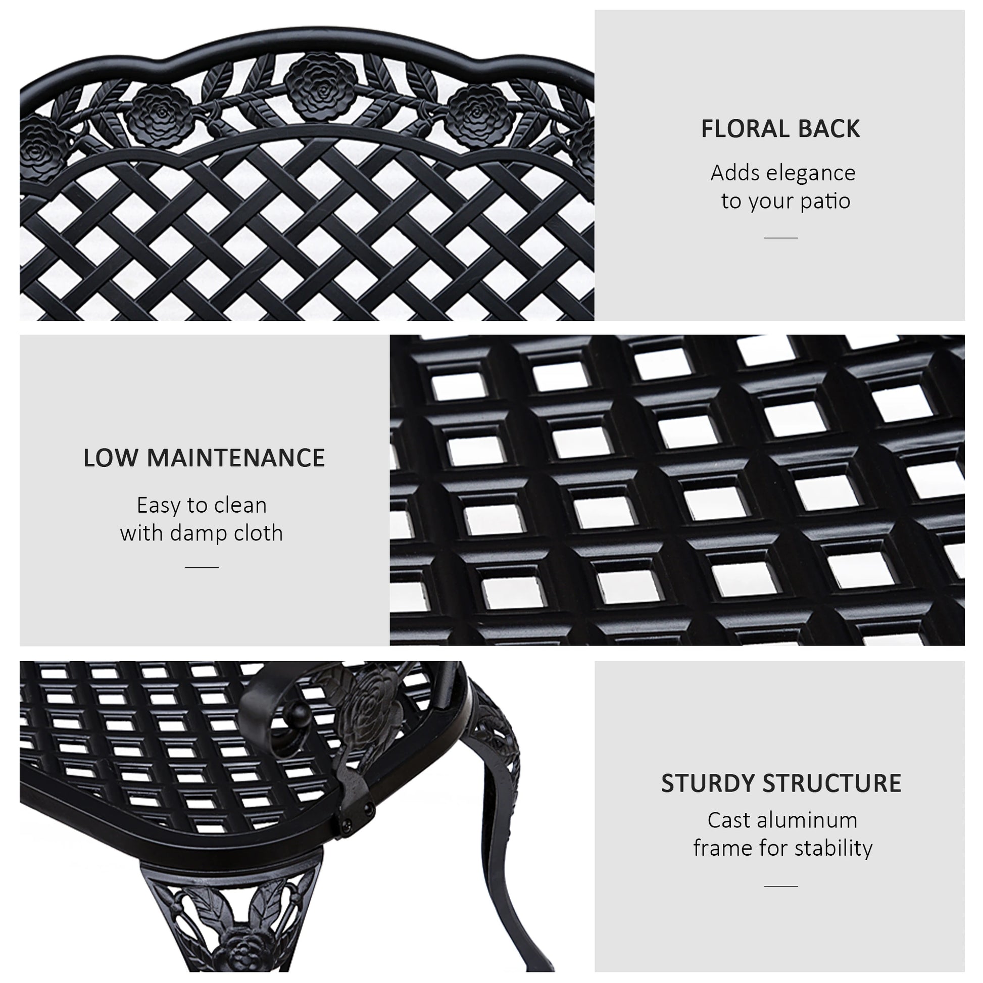 Black metal chair with floral back design, text highlighting features on a white background