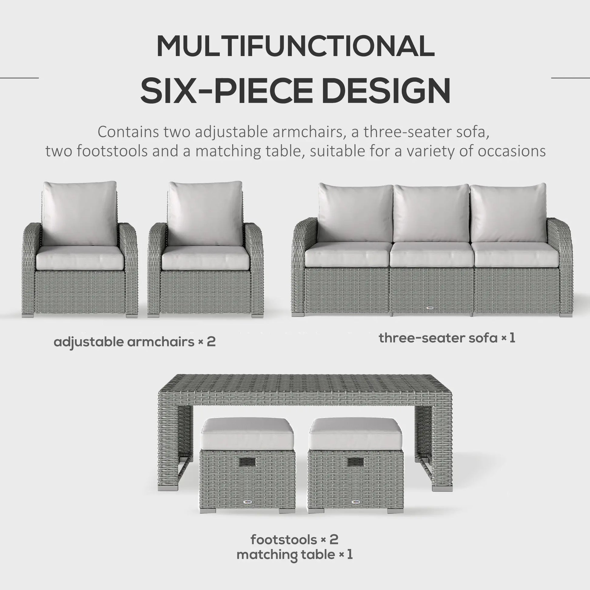 Multifunctional six-piece outdoor furniture set with armchairs, sofa, footstools, and table on a white background.