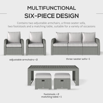 Multifunctional six-piece outdoor furniture set with armchairs, sofa, footstools, and table on a white background.