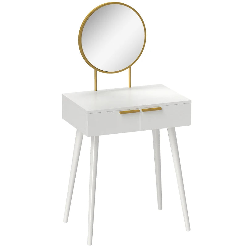 White vanity table with gold accents and a round mirror on a white background