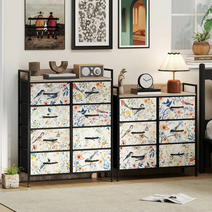 Dresser with floral and bird-patterned drawers in a room setting.