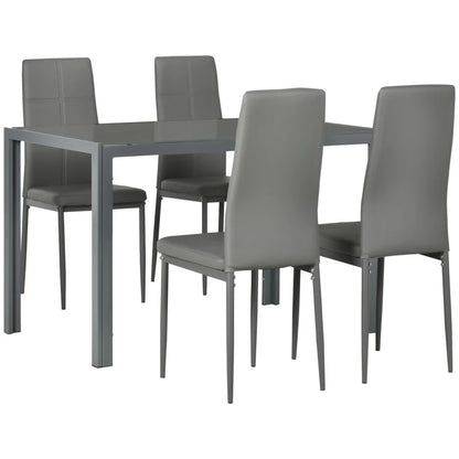 Gray dining table with four matching chairs on a white background