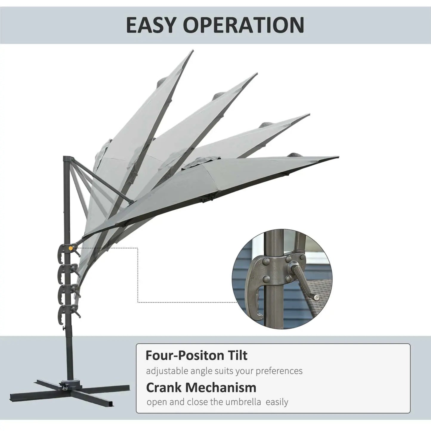 Outdoor umbrella with crank mechanism and four-position tilt feature on a white background.