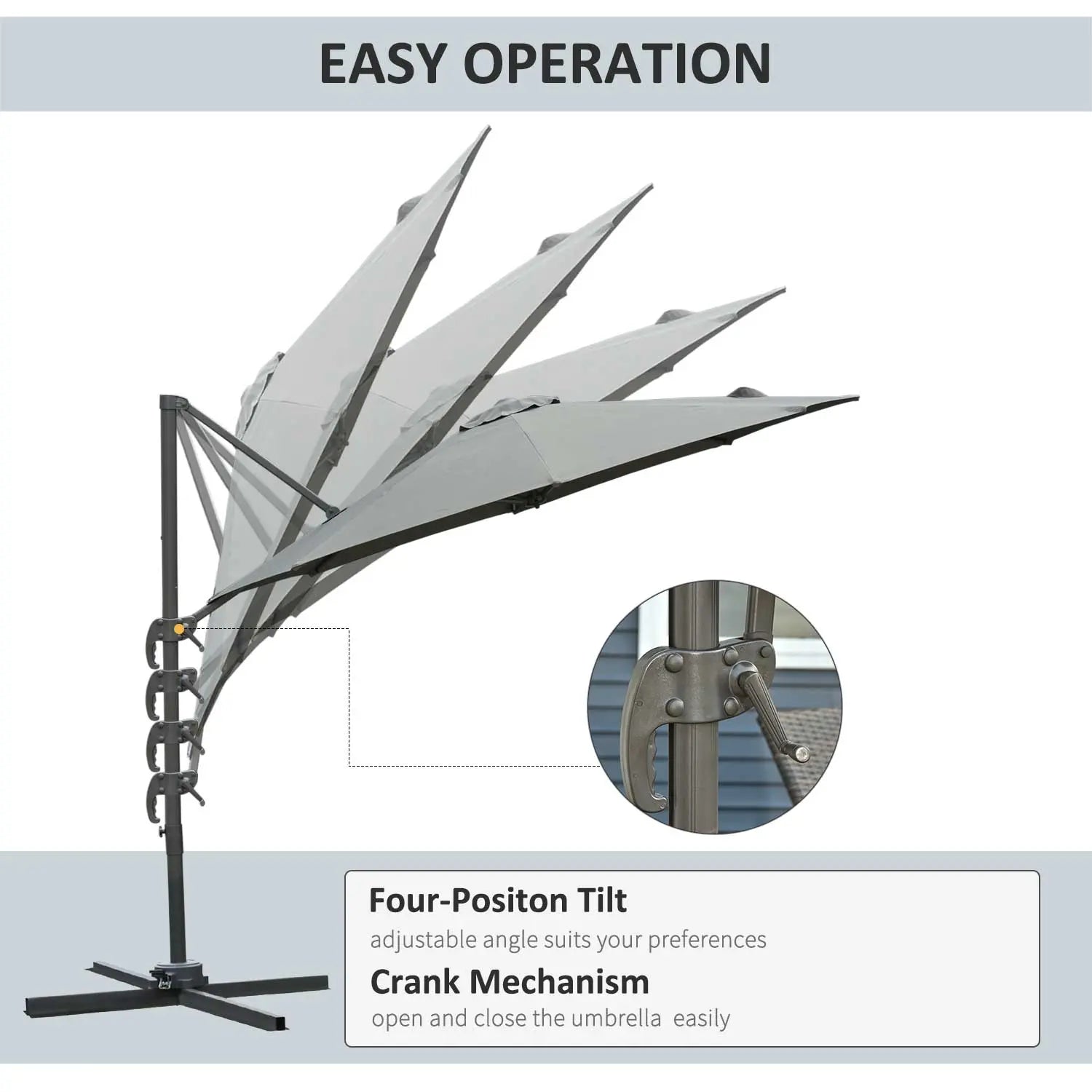 Outdoor umbrella with crank mechanism and four-position tilt feature on a white background.