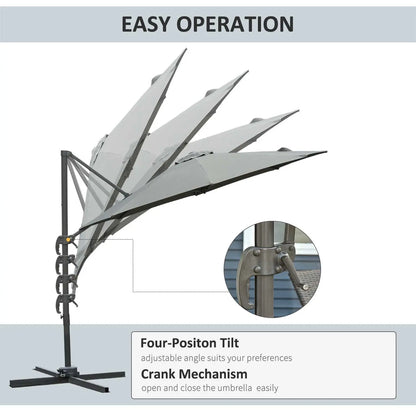 Outdoor umbrella with crank mechanism and four-position tilt feature on a white background.