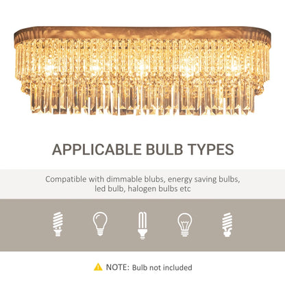Chandelier with applicable bulb types text and icons on a white background