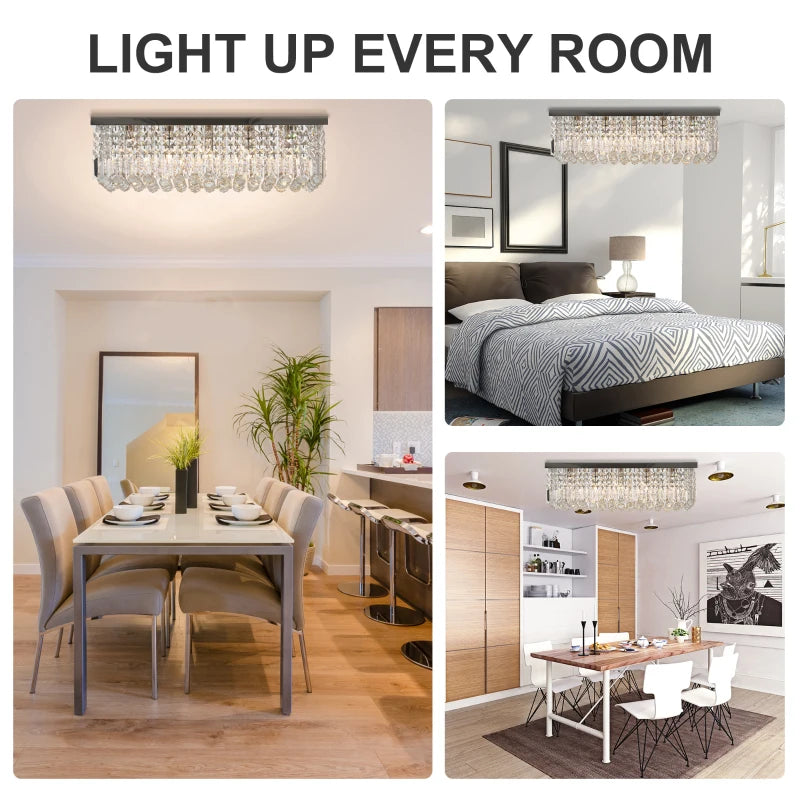 Collage of a chandelier in different rooms including a dining area, bedroom, and office.