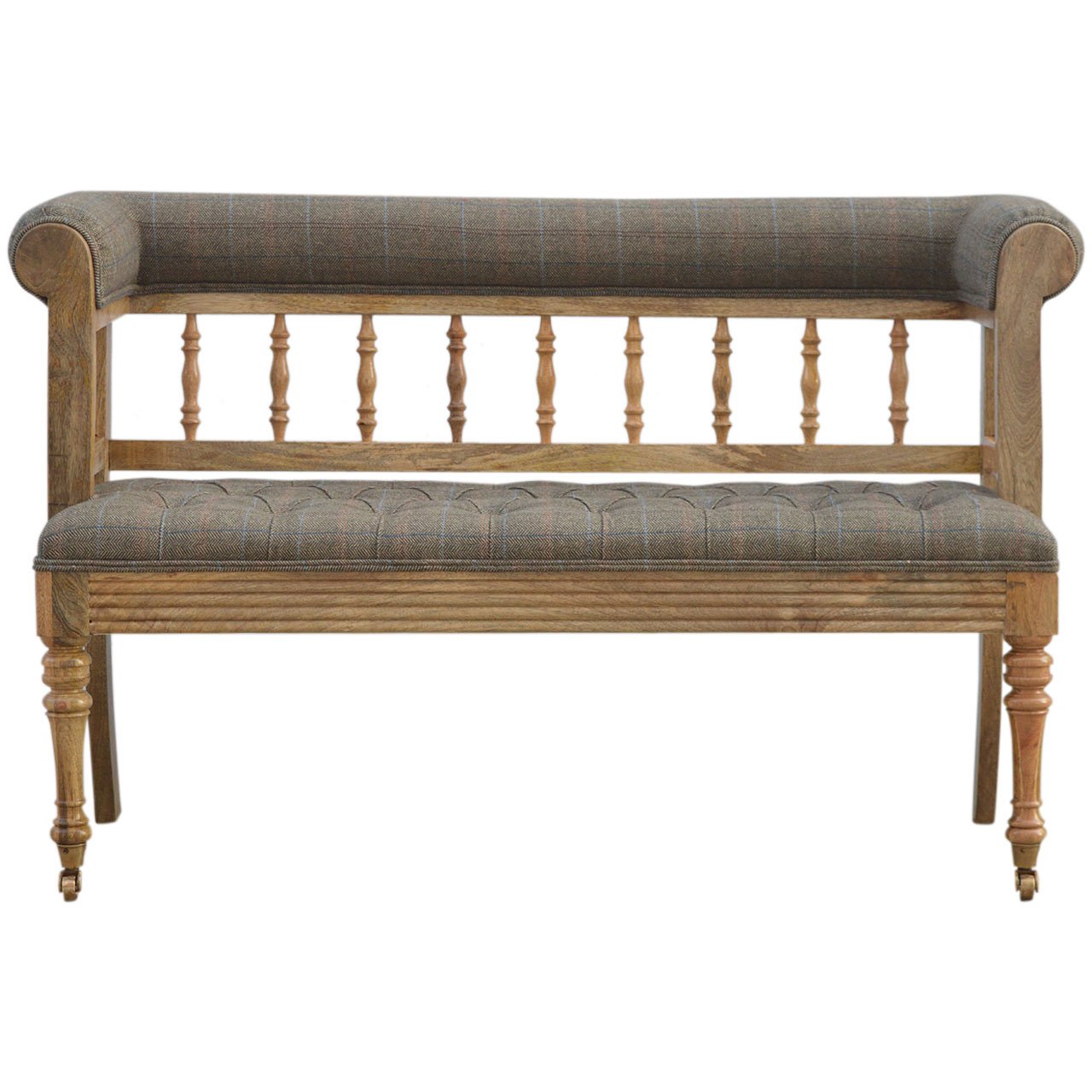Wooden bench with upholstered seat and backrest on a white background