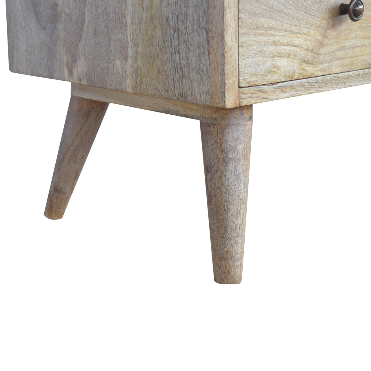 Wooden side table with a drawer on a white background