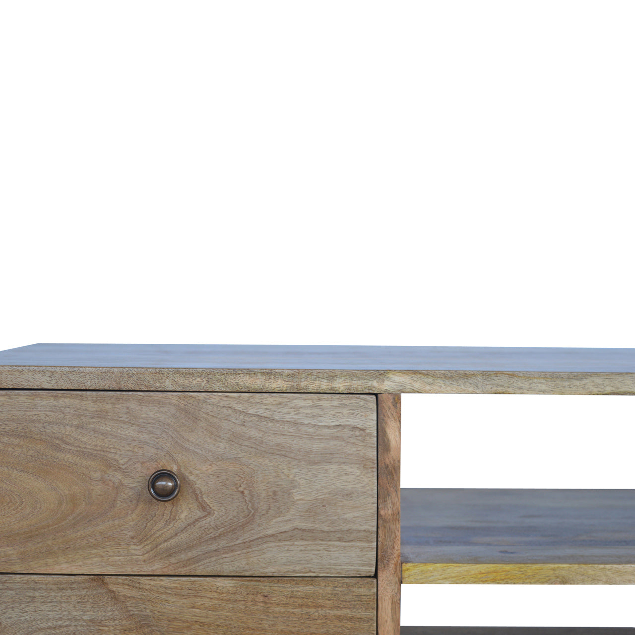 Wooden desk with a drawer and blue top on a white background