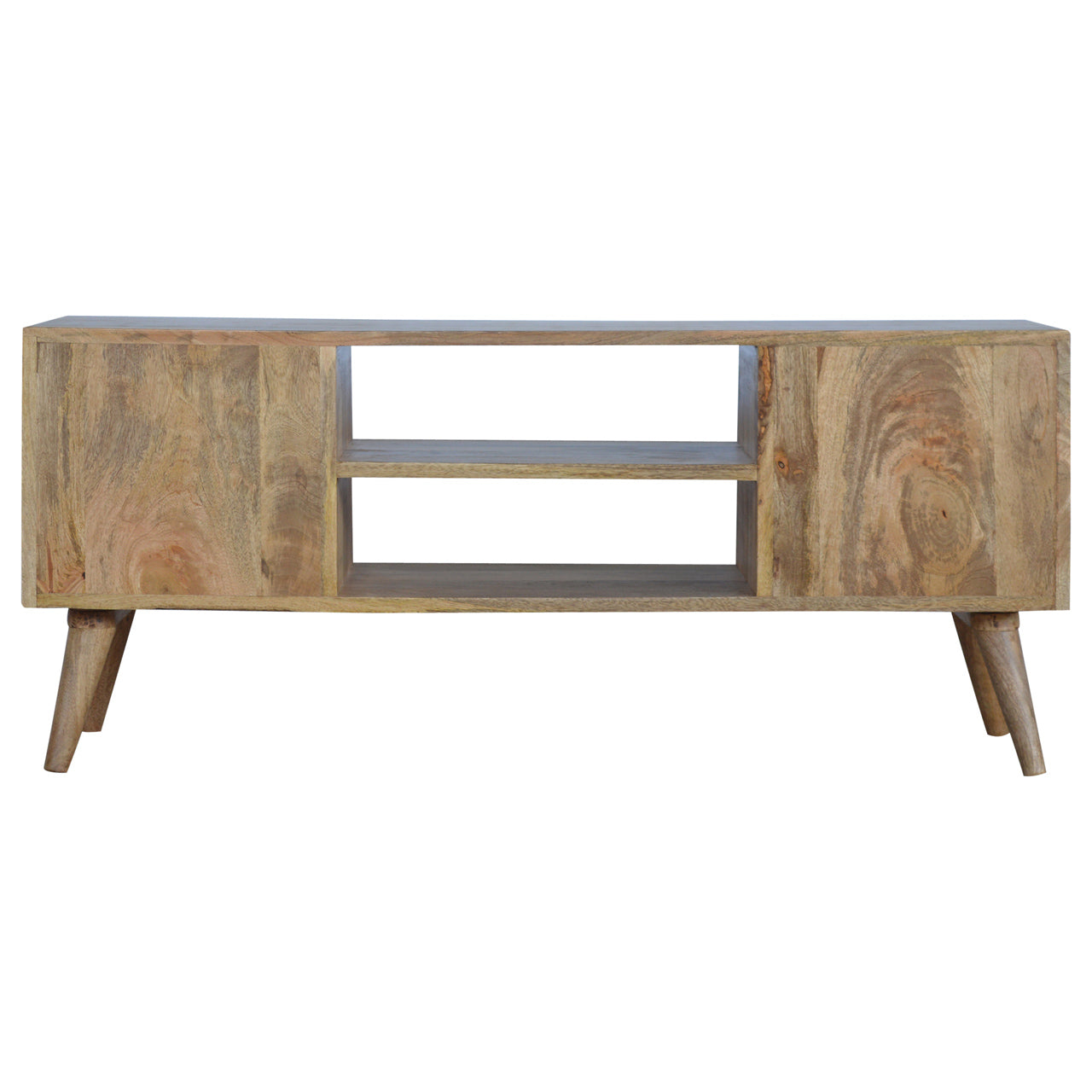 Wooden TV stand with a white background