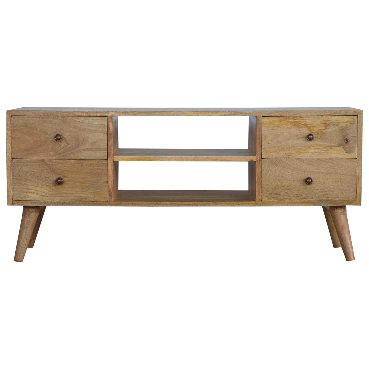 Wooden TV stand with two drawers on a white background
