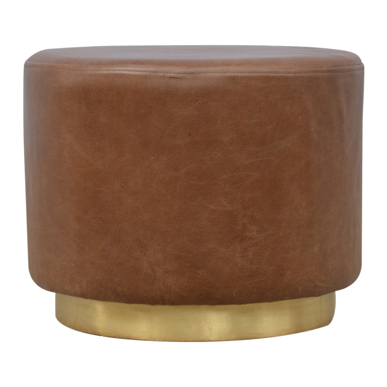 Brown leather ottoman with a gold base on a white background