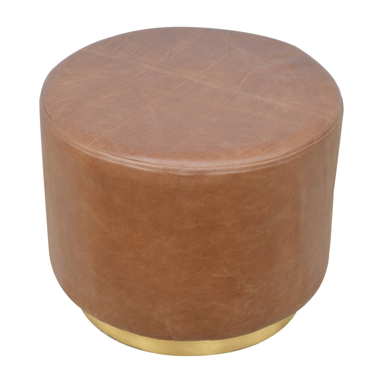 Round brown leather ottoman with a gold base on a white background