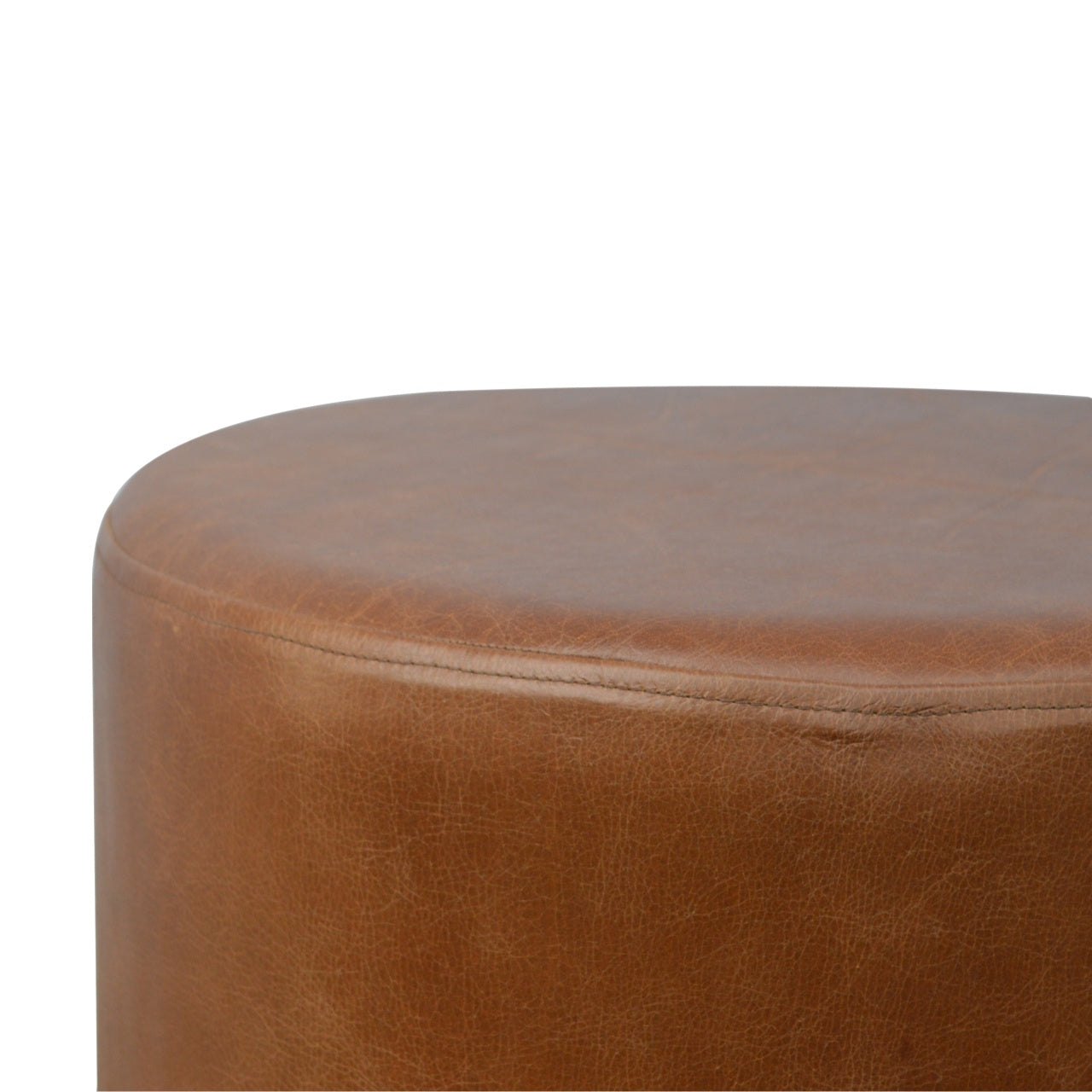 Close-up of a brown leather ottoman on a white background