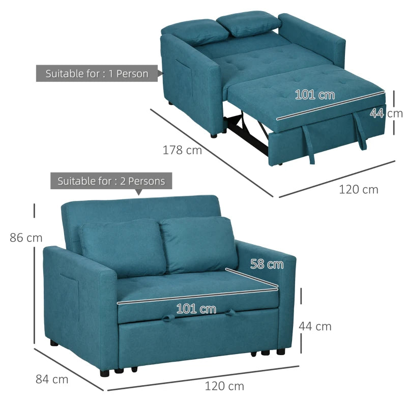 Teal sofa bed with dimensions labeled on a white background