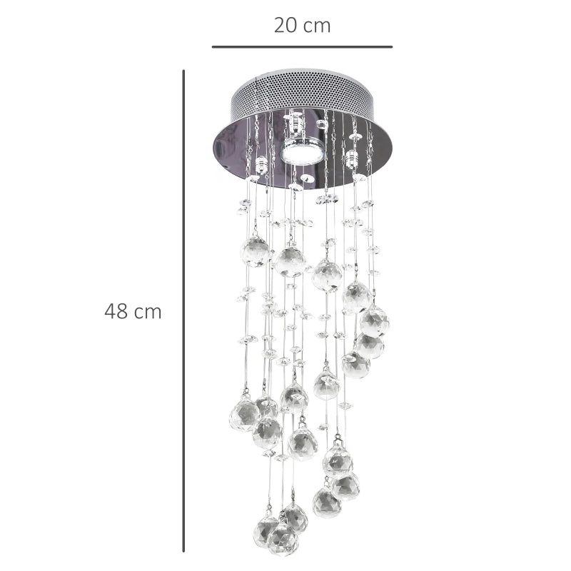 Chandelier with crystal pendants and dimensions on a white background