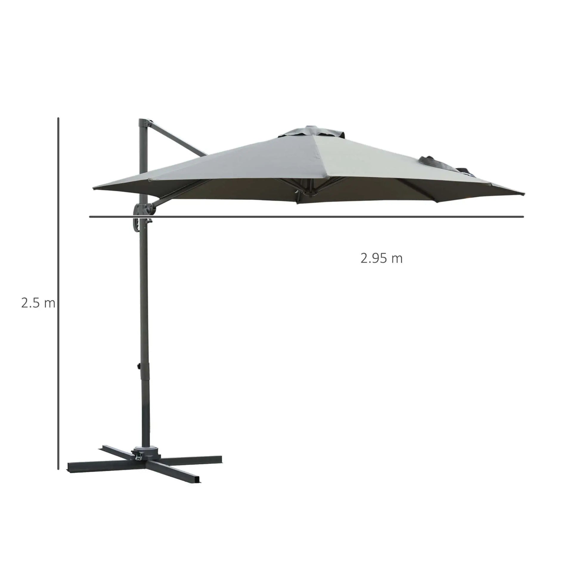 Gray outdoor umbrella with stand on a white background, showing dimensions.