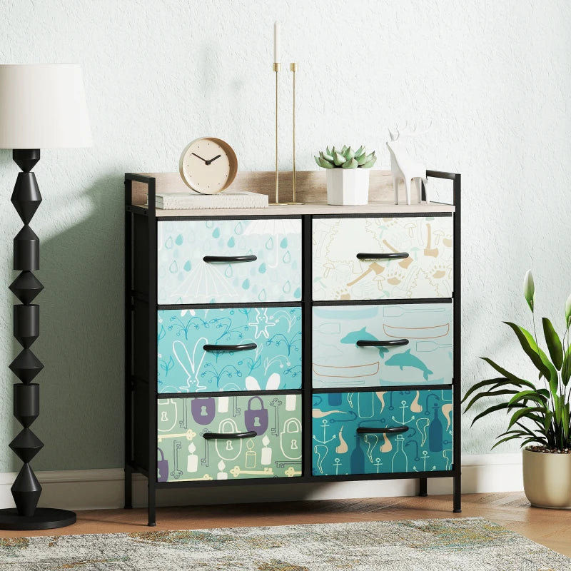 Multicolored drawer unit with decorative patterns in a room setting.