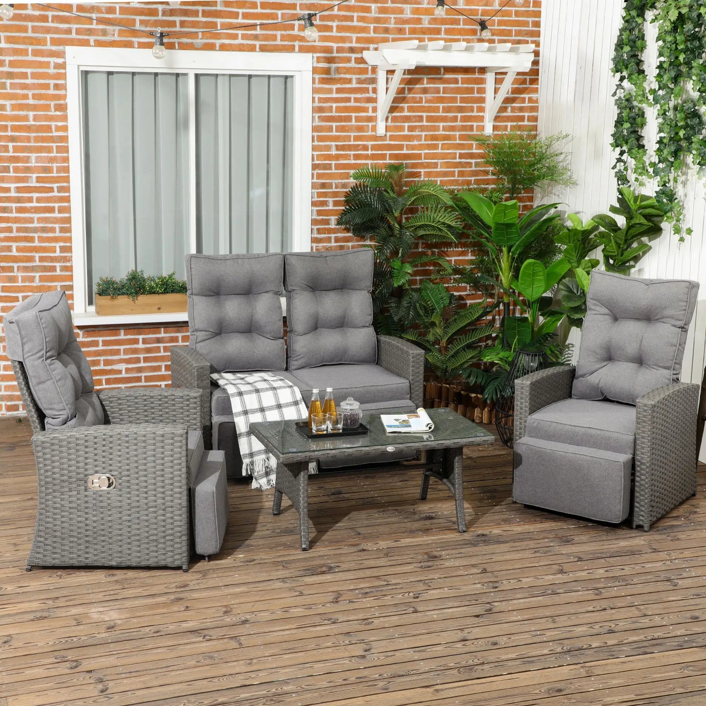 Outsunny 4 Piece Rattan Garden Furniture Set Outdoor Sofa Sectional Set with Glass Top Table for Poolside