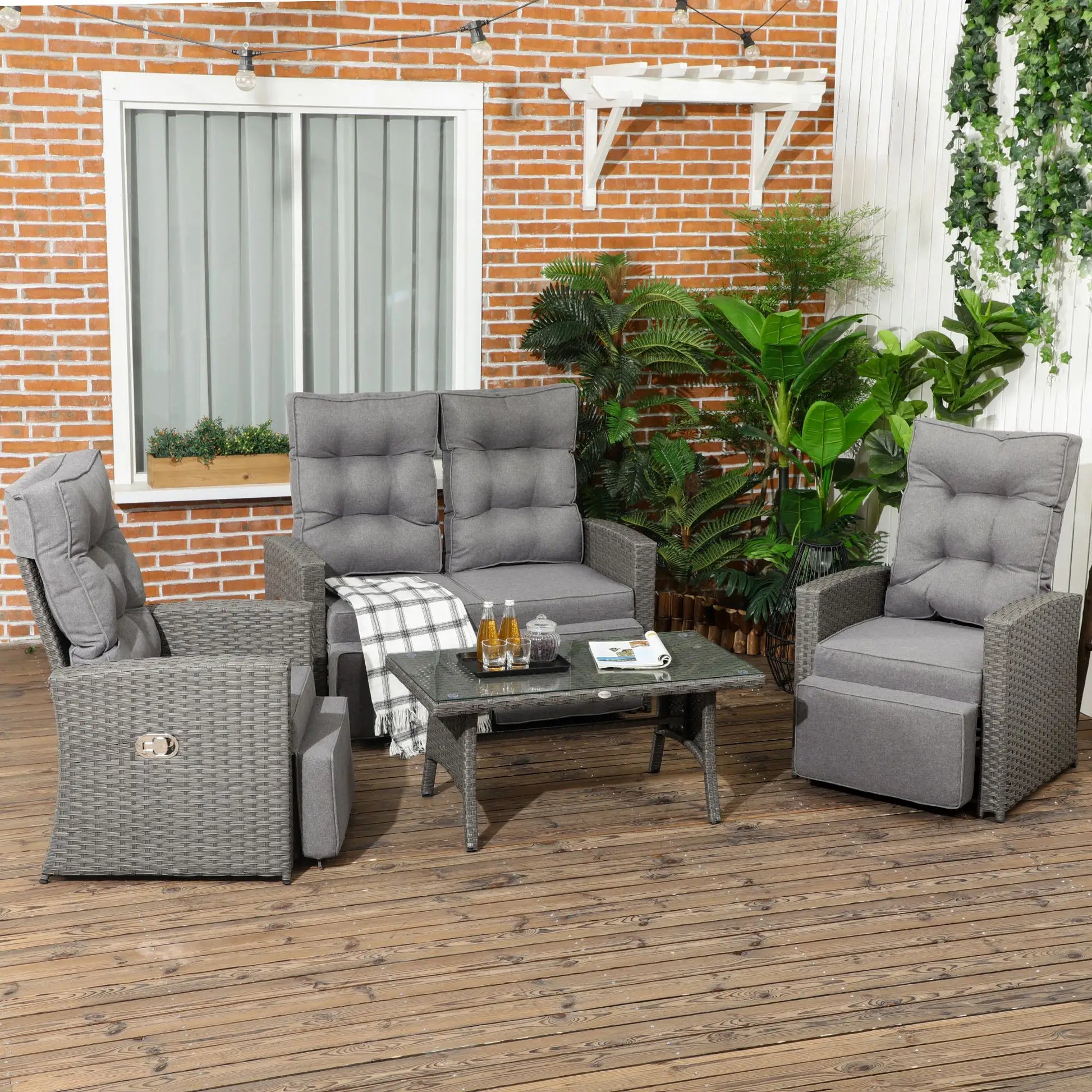 Outsunny 4 Piece Rattan Garden Furniture Set Outdoor Sofa Sectional Set with Glass Top Table for Poolside