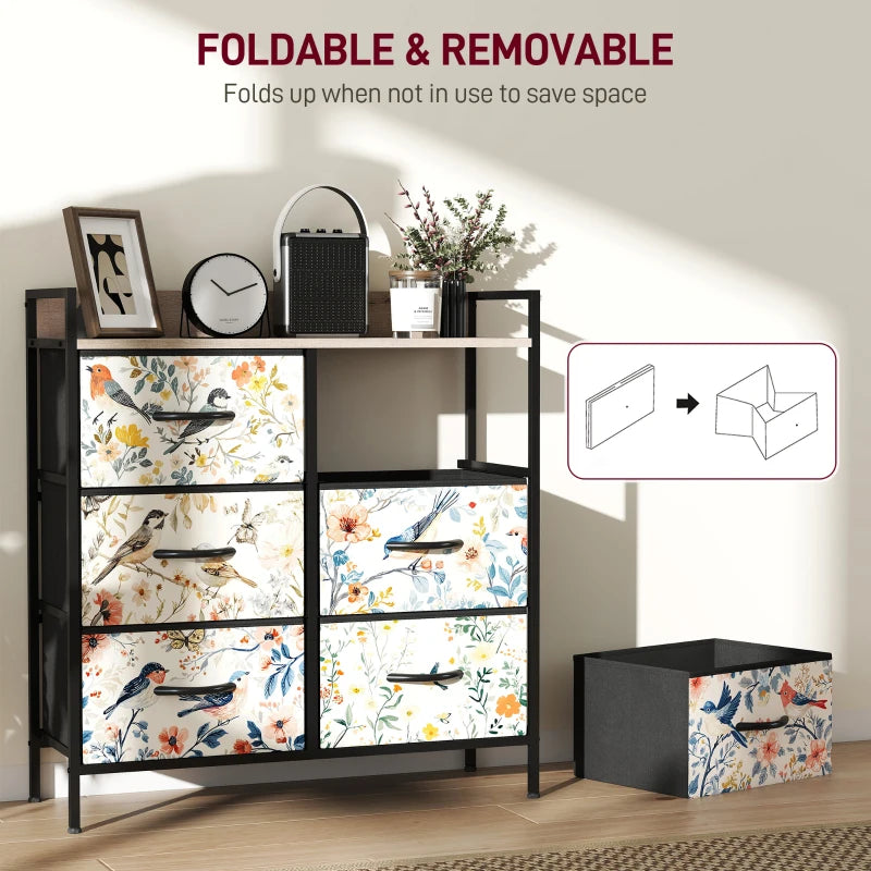Foldable and removable storage unit with floral design on drawers and a matching cube.