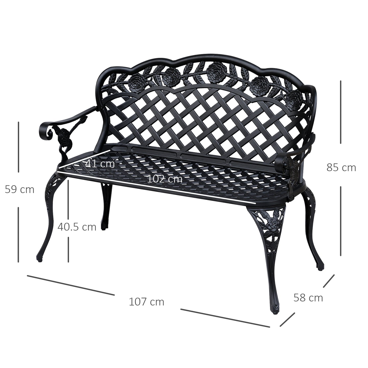 Black metal garden bench with dimensions on a white background