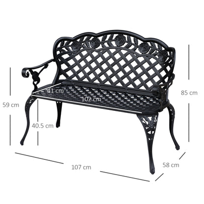 Black metal garden bench with dimensions on a white background