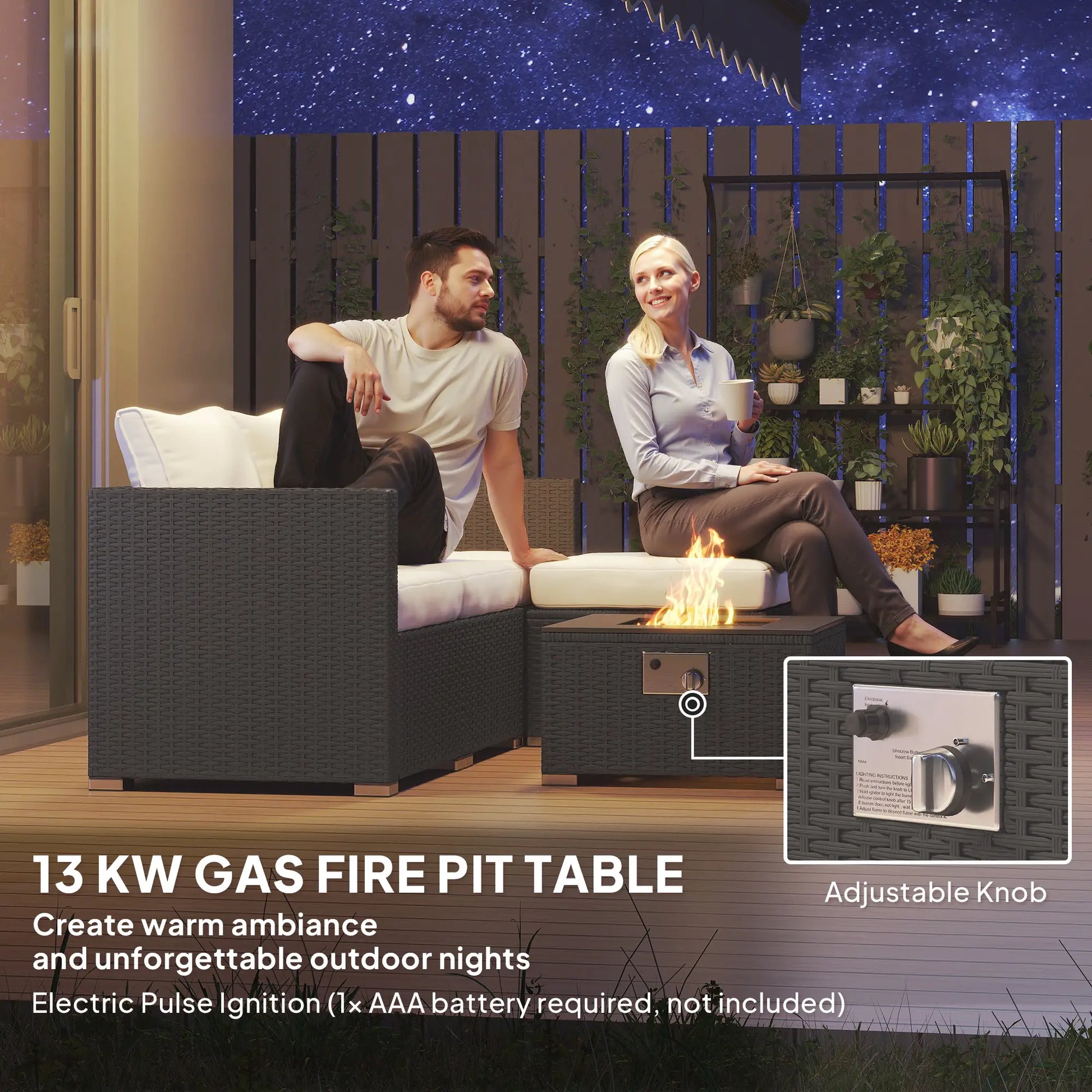 Outsunny Five Piece Rattan Garden Furniture Set with Gas Fire Pit Table and Footstool