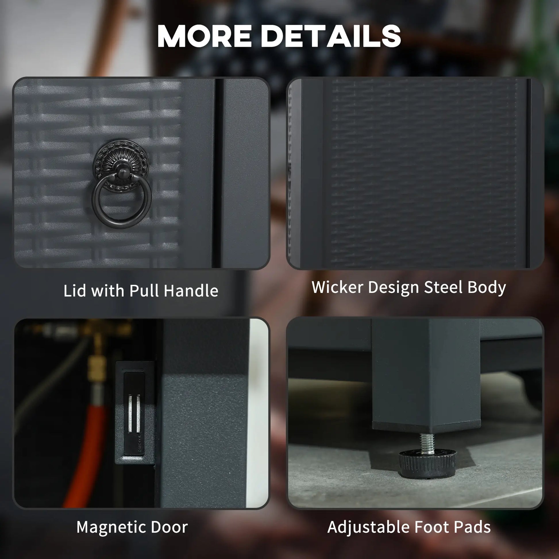 Product details of a black metal cabinet with features like lid with pull handle, wicker design steel body, magnetic door, and adjustable foot pads.