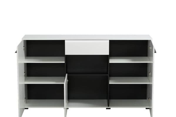 White and black storage unit with multiple compartments on a white background