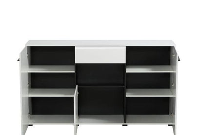 White and black storage unit with multiple compartments on a white background