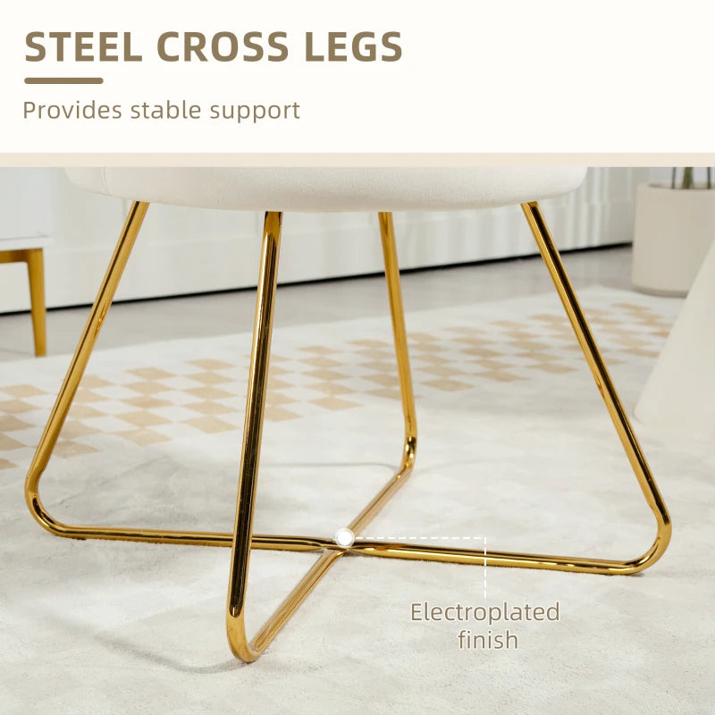 Gold metal chair legs with text highlighting stability and electroplated finish
