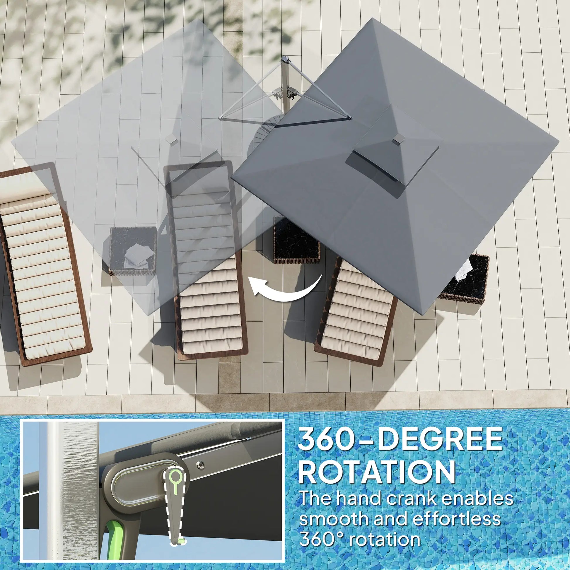 Outdoor umbrella with 360-degree rotation feature on a patio setting