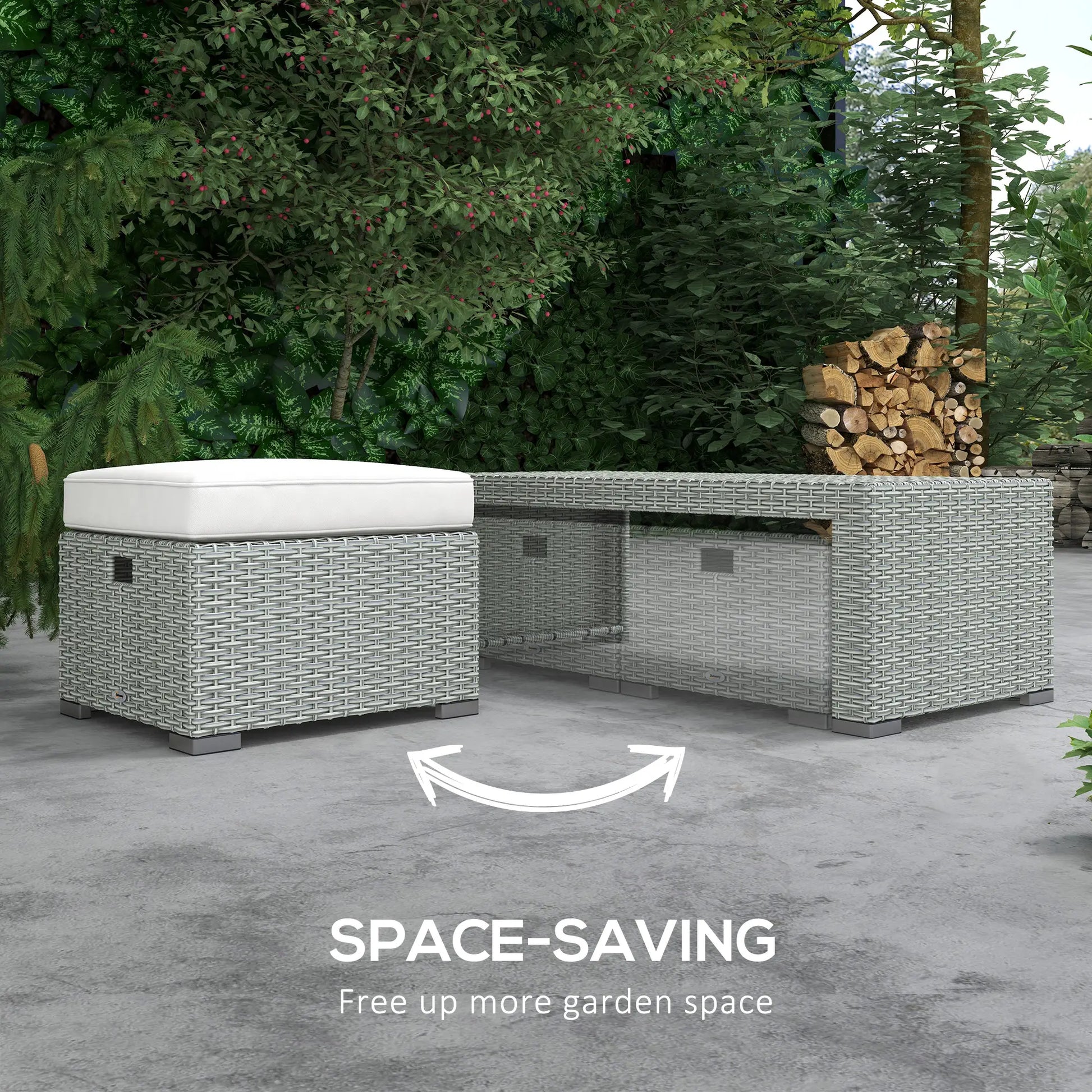Outdoor furniture set with space-saving feature labeled in a garden setting.