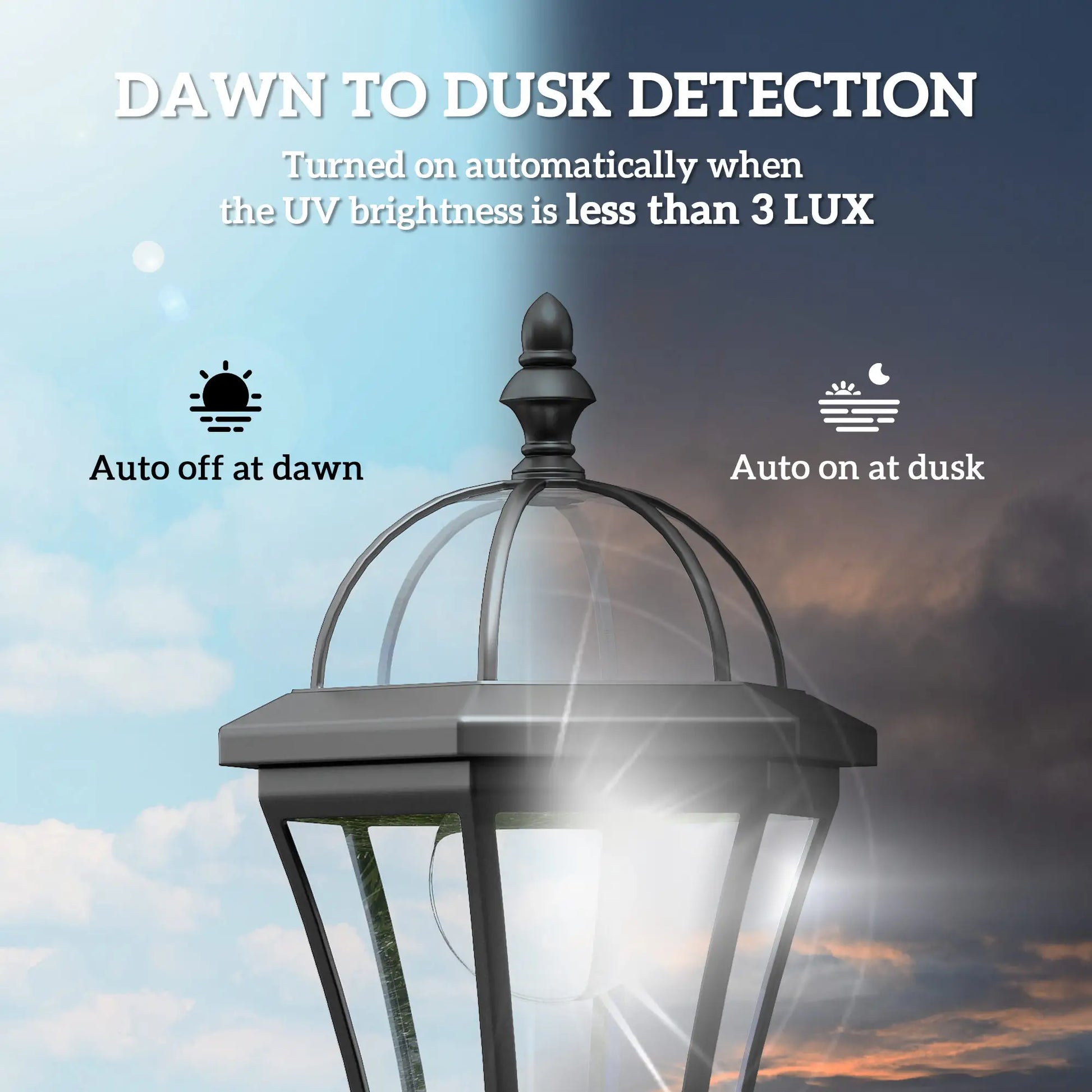 Lantern with dawn to dusk detection feature against a sky background