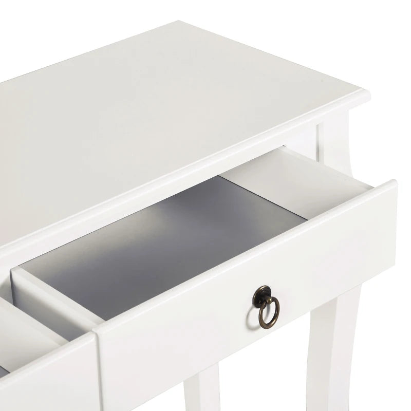 White side table with a drawer open on a white background