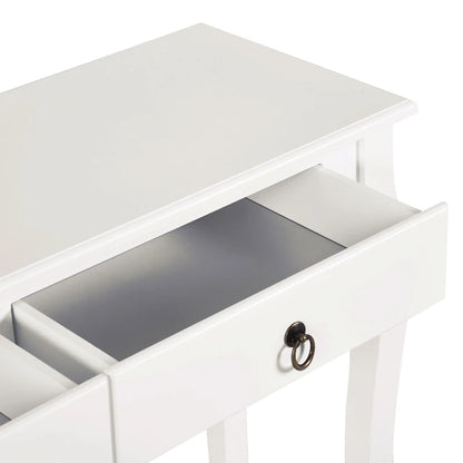 White side table with a drawer open on a white background