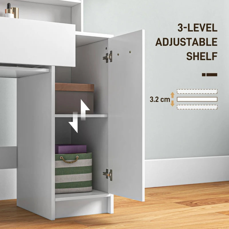 Gray corner cabinet with open doors showing adjustable shelves and storage items.