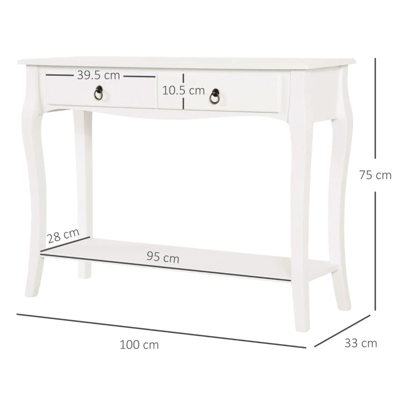 White console table with dimensions labeled on a white background