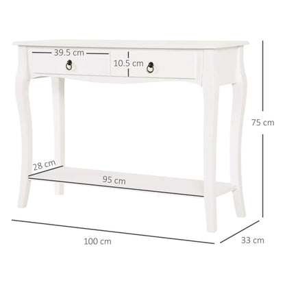 White console table with dimensions labeled on a white background