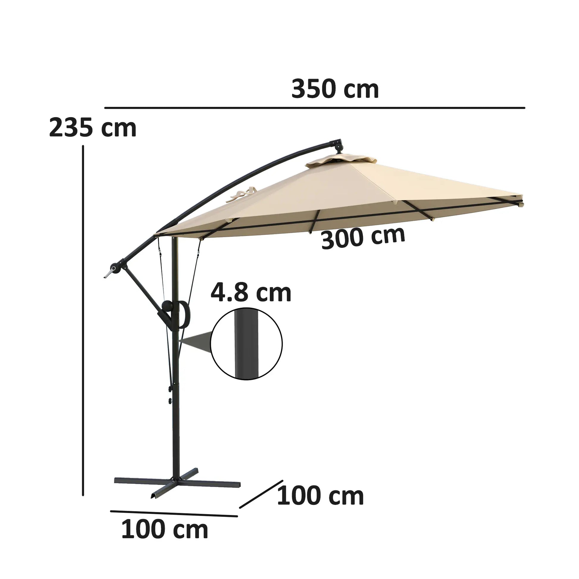 Measurement chart of a beige patio umbrella with dimensions labeled.