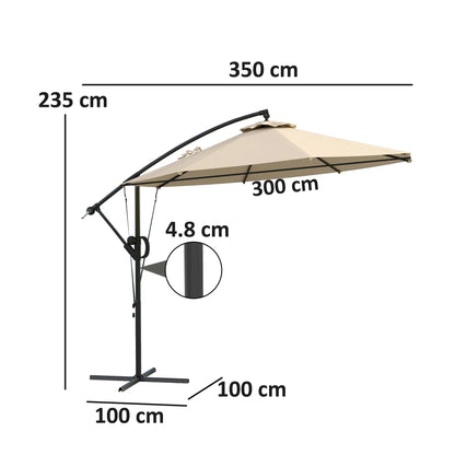Measurement chart of a beige patio umbrella with dimensions labeled.