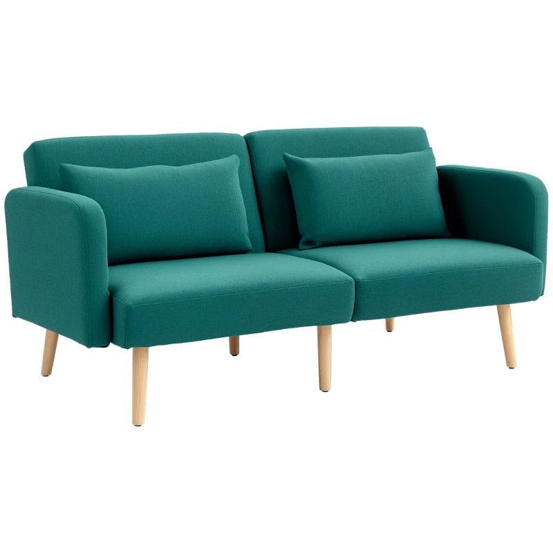 Teal sofa with wooden legs on a white background