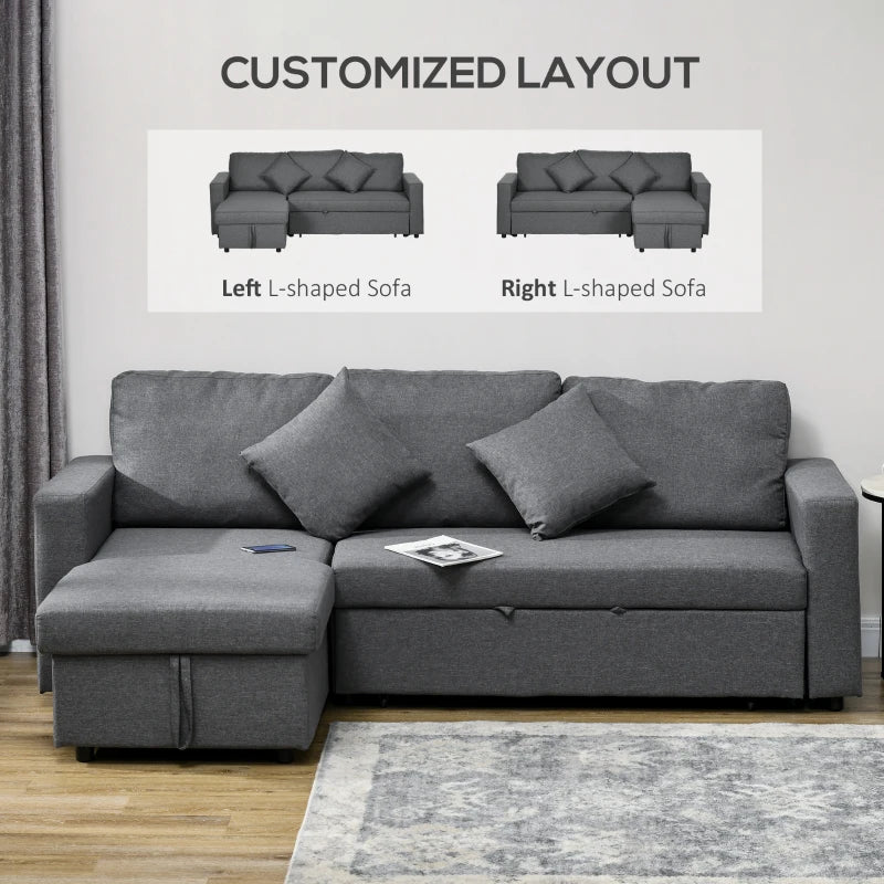 Gray L-shaped sofa with customizable layout options on a neutral background