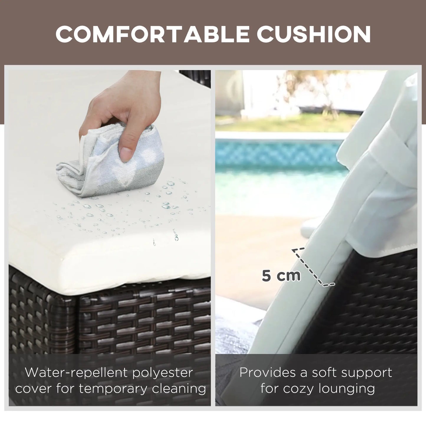 Comfortable cushion with water-repellent cover and soft support for lounging.