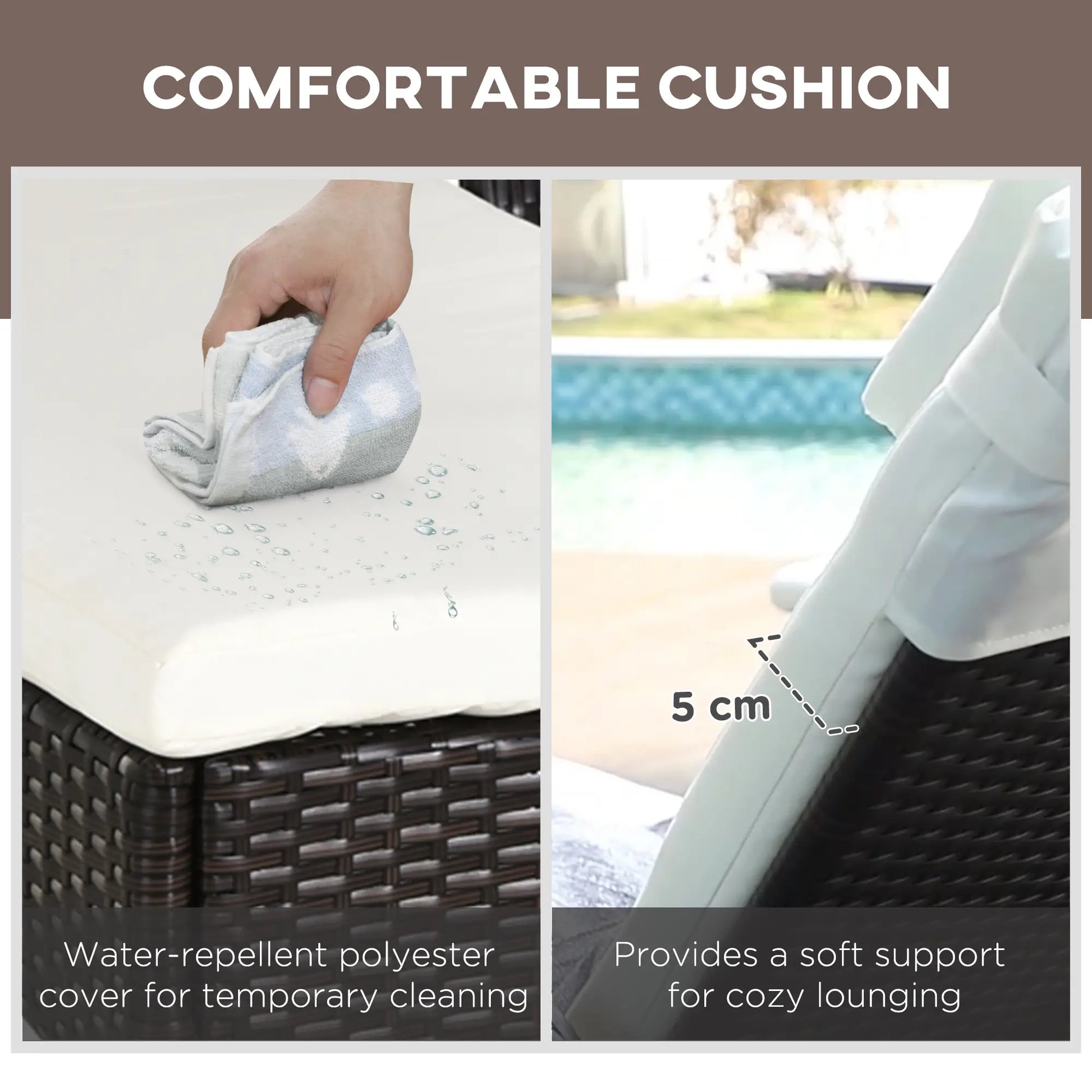 Comfortable cushion with water-repellent cover and soft support for lounging.