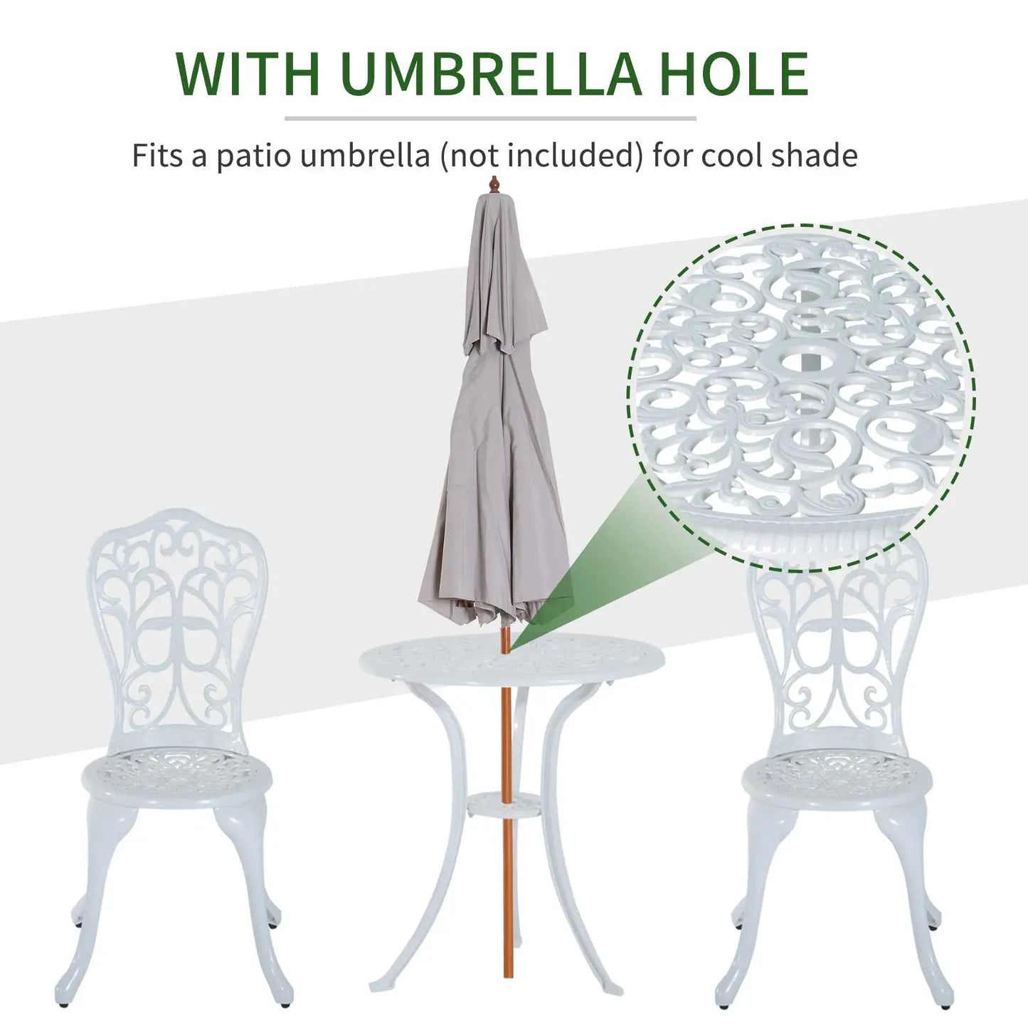 White outdoor table and chairs with an umbrella hole feature, showing a patio umbrella.
